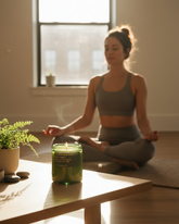 greenyogashop Duftkerze Red Nutmegg and Peppercorn im grünen Glas mit Messingdeckel während einer Yoga-Meditation