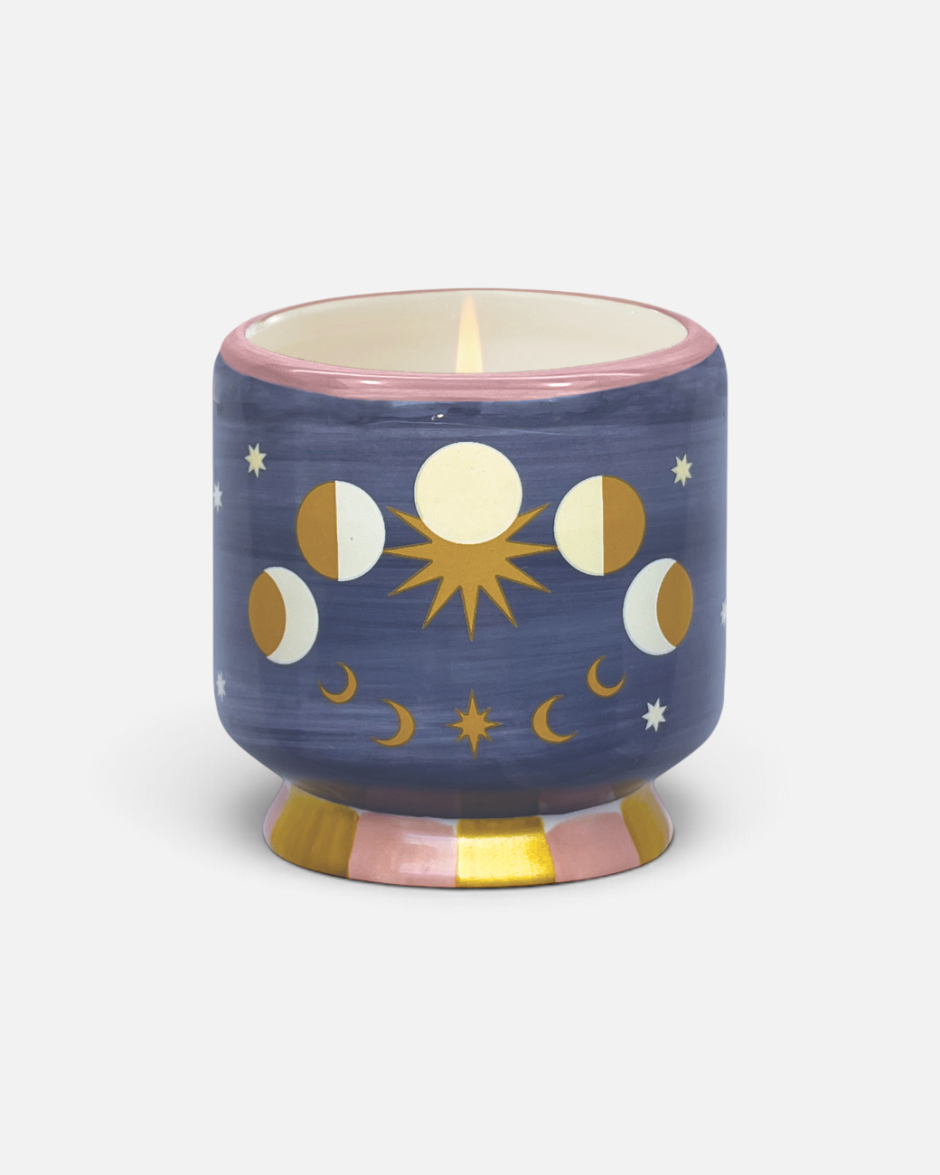 greenyogashop Duftkerze Moon Phases in handbemaltem blauem Keramikgefäß mit Mond- und Sternenmotiven