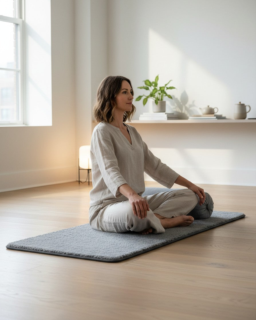 Frau meditiert auf einer dunkelgrauen greenyogashop Woll-Yogamatte in einem hellen, minimalistischen Raum.