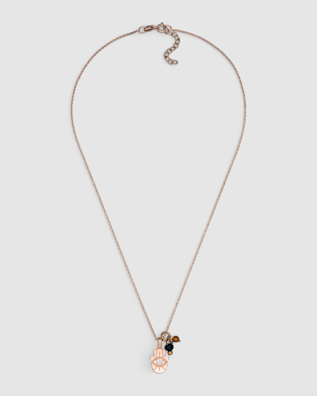 greenyogashop Schutzkette Hamsa in Roségold mit Edelsteinanhängern aus Sterlingsilber, handgefertigt in Hamburg.