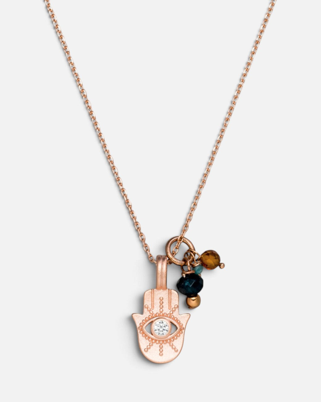greenyogashop Schutzkette Hamsa in Roségold aus Sterlingsilber mit Edelsteinanhängern und Bergkristall