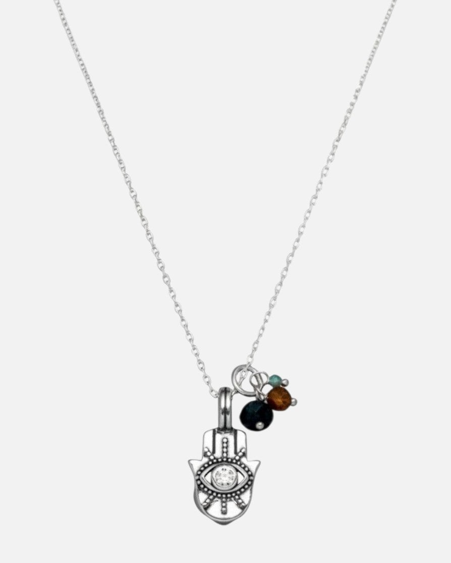 greenyogashop Hamsa Schutzkette aus Sterlingsilber mit Edelsteinanhängern und filigraner Kette