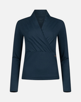 greenyogashop Ishtar Langarmshirt in Orion Blau mit V-Ausschnitt, hohem Kragen und Daumenlöchern aus Bio-Baumwolle