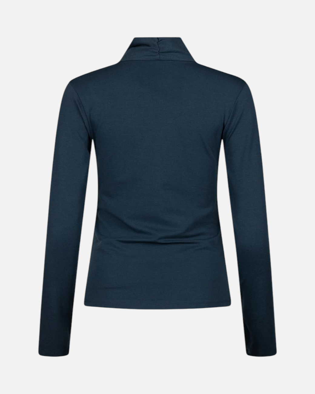 Rückansicht des dunkelblauen greenyogashop Ishtar Langarmshirts aus Bio-Baumwolle mit hohem Kragen