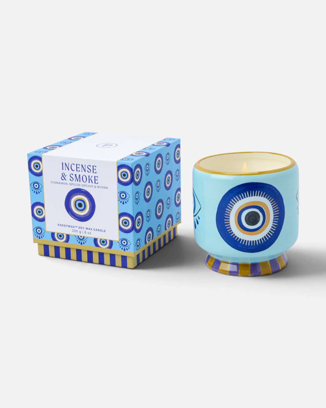 greenyogashop Keramik-Duftkerze Eye mit Weihrauch-Duft in blauem Gefäß mit Nazar-Auge-Motiv und passender Box