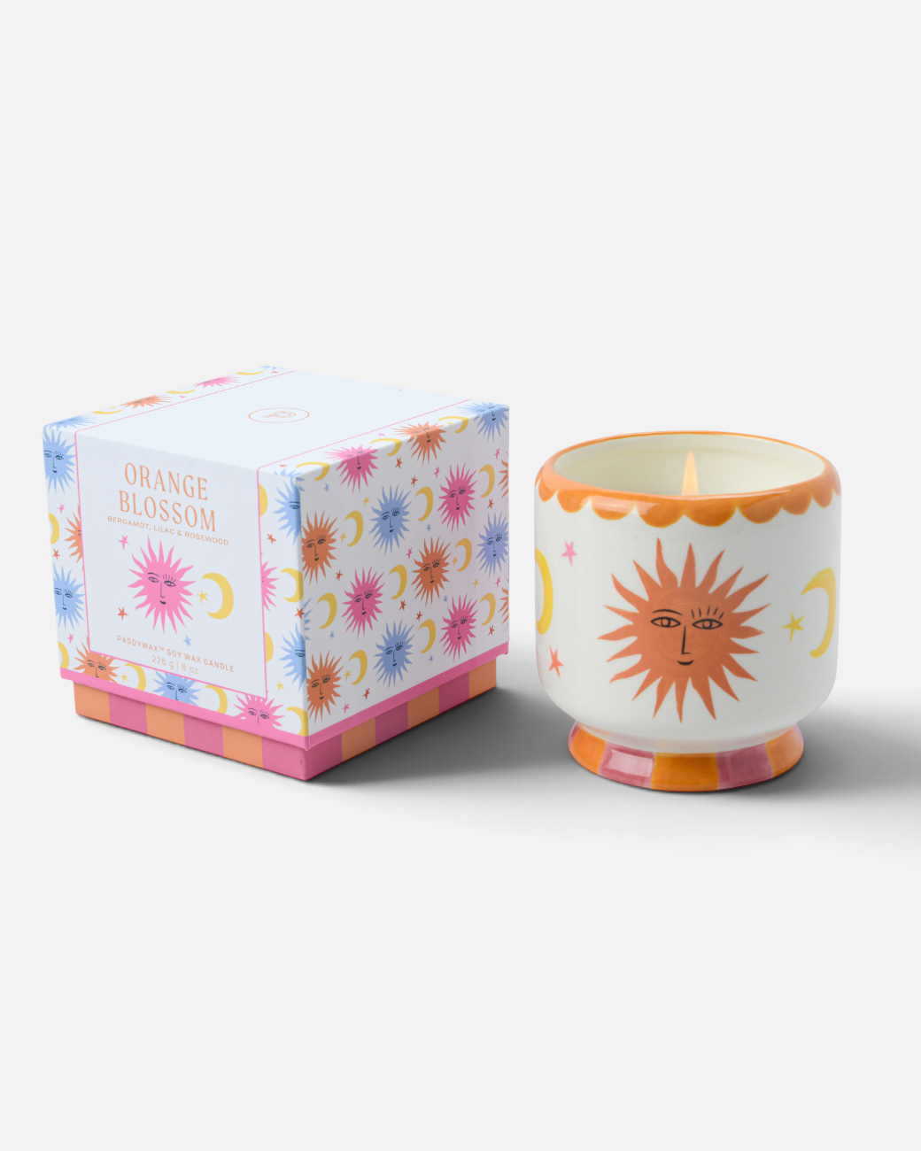 greenyogashop Keramik-Duftkerze Sun mit Orangenblüten-Duft in handbemaltem Gefäß mit Sonnen- und Mond-Motiven