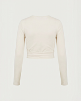 greenyogashop Amina Wickeltop in Beige mit langen Ärmeln und Bindedetail, Rückansicht