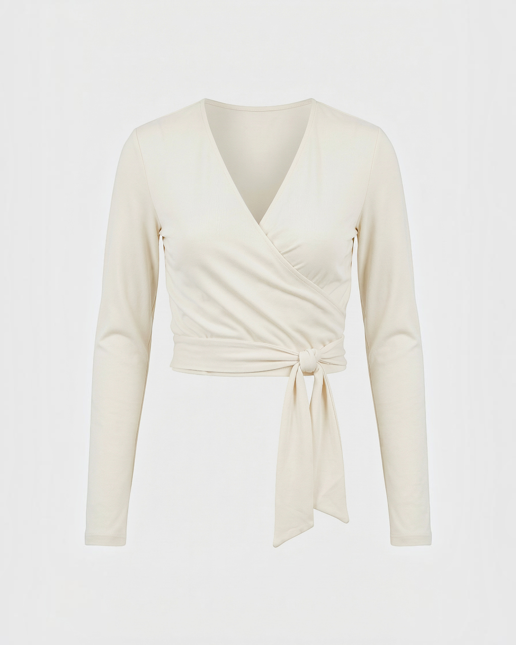 greenyogashop Amina Wickeltop in Creme mit V-Ausschnitt und Bindegürtel aus weichem Viskose-Mix für Yoga und Alltag